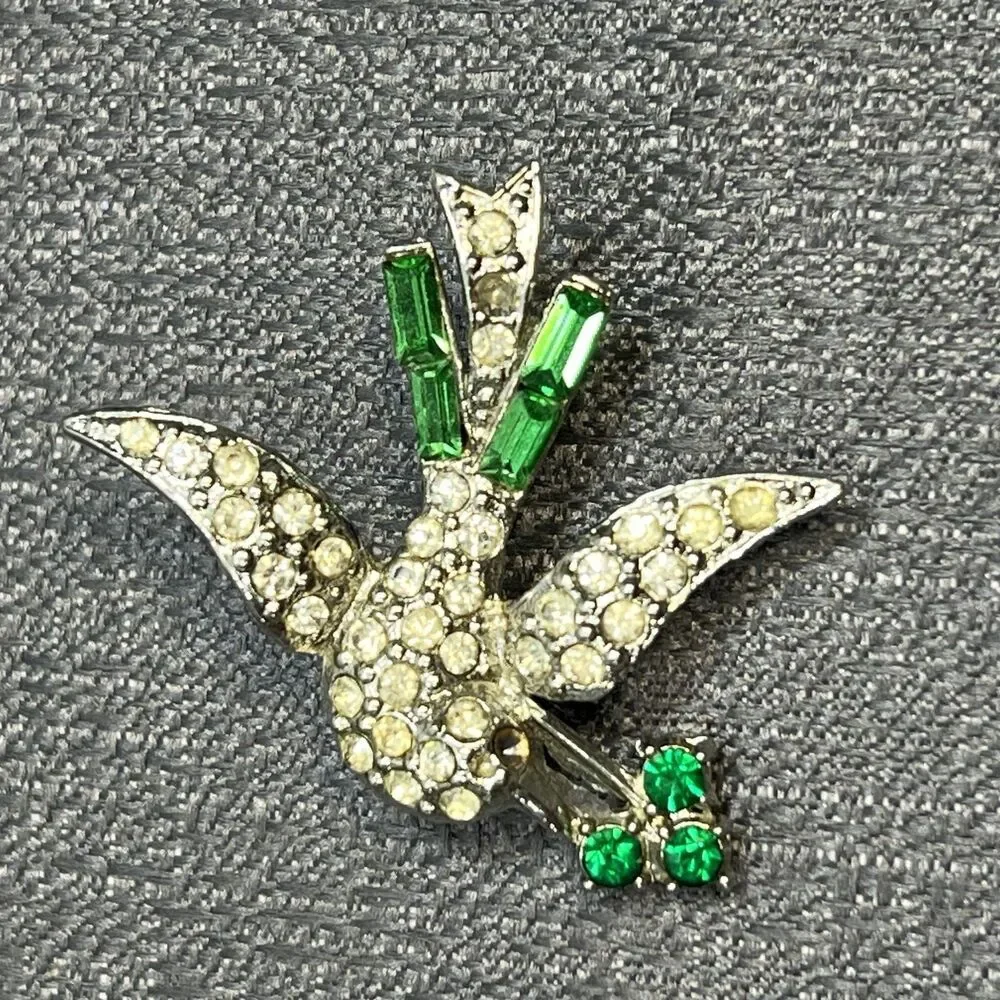 Dove Clear Crystal Green Emerald Rhinestone Flying Peace Silver Pin Brooch